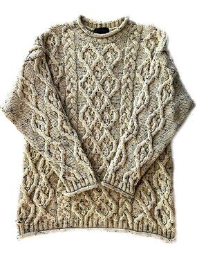 Vintage PAUL JAMES Handknit Oatmeal Aran Cable Fisherman Sweater Small